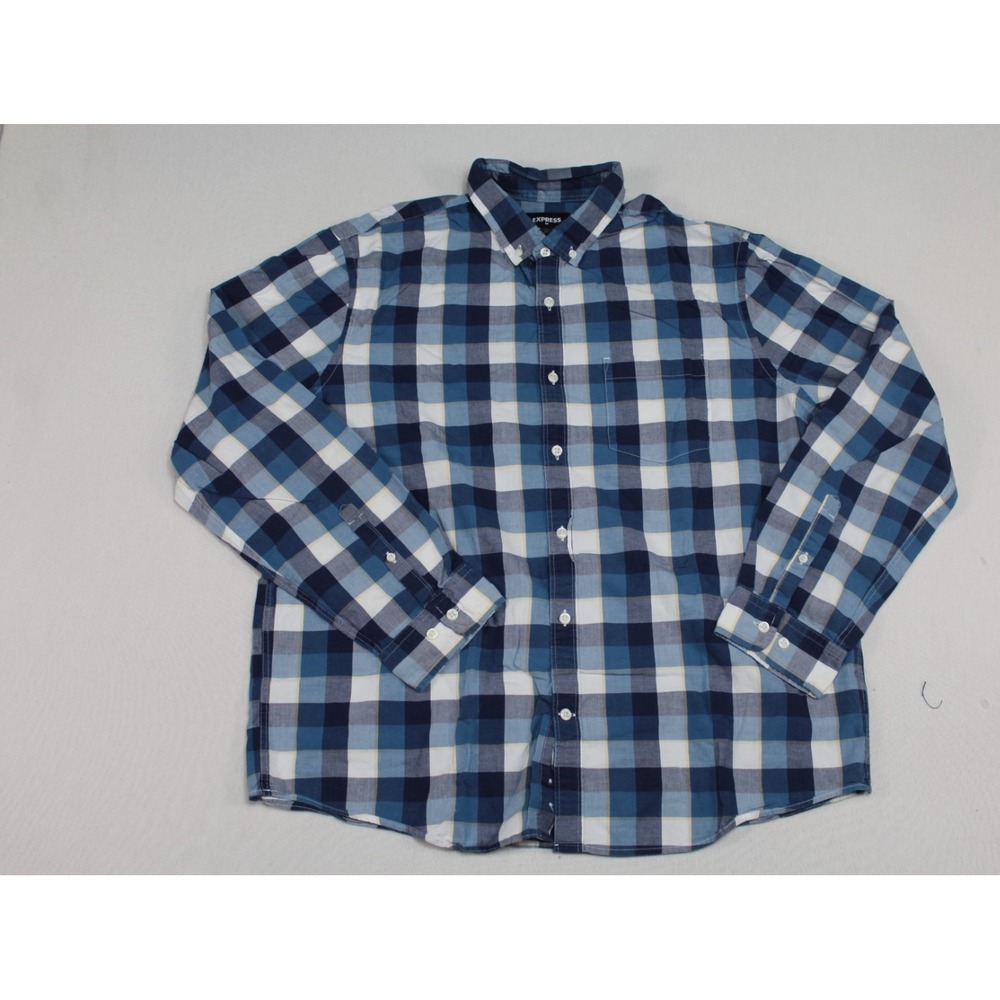 Express Men Blue Casual Button Plaid Long Sleeve Collared Size XL